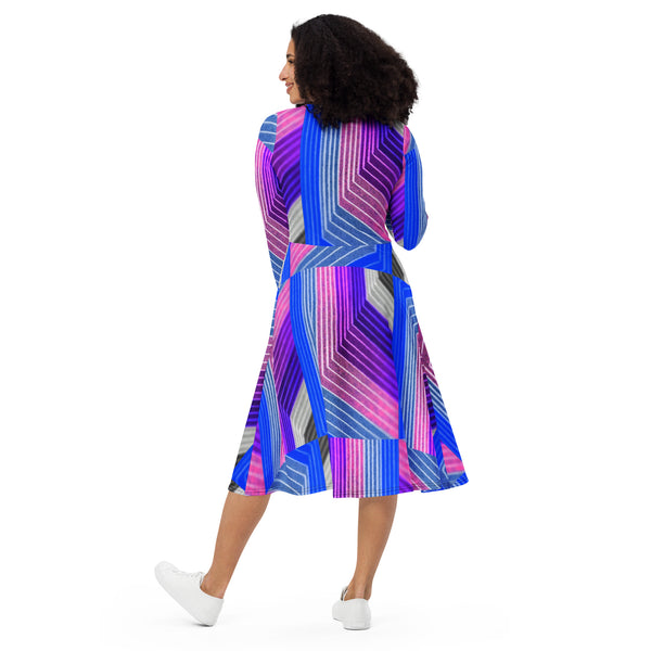 All-over print long sleeve midi dress in eye colors