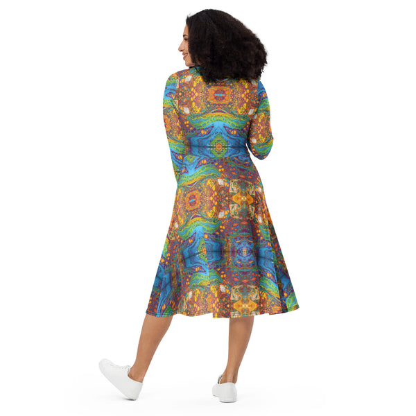 All-over print long sleeve midi dress in eye colors