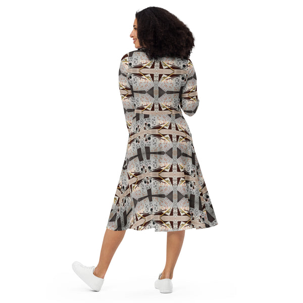 All-over print long sleeve midi dress in eye colors