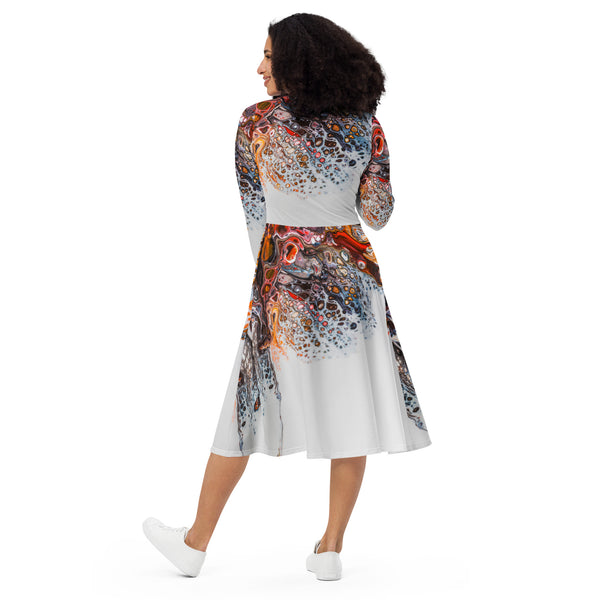 All-over print long sleeve midi dress in eye colors