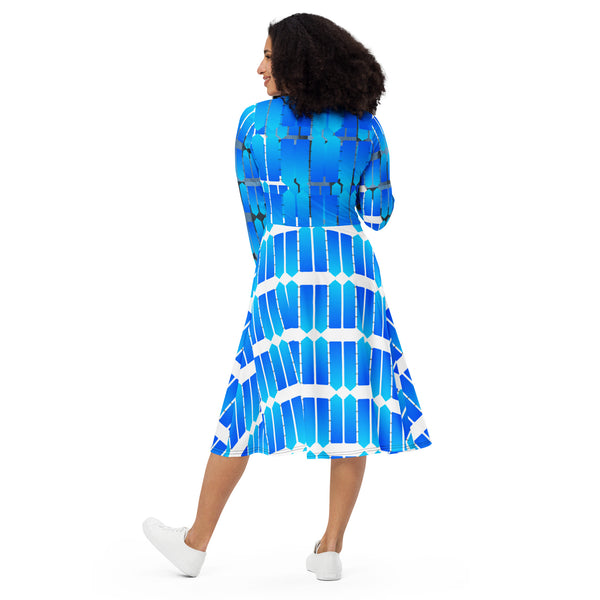 All-over print long sleeve midi dress in eye colors