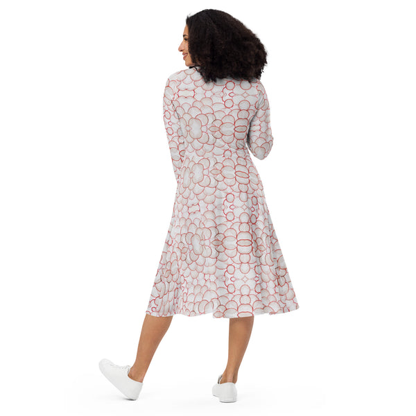 All-over print long sleeve midi dress in eye colors