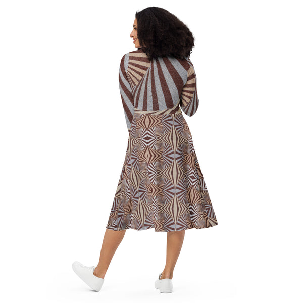 All-over print long sleeve midi dress in eye colors