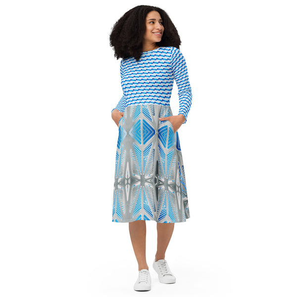 All-over print long sleeve midi dress in eye colors