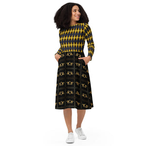 All-over print long sleeve midi dress in eye colors