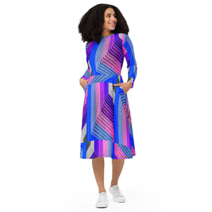 All-over print long sleeve midi dress in eye colors