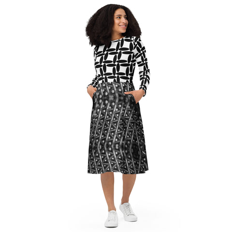 All-over print long sleeve midi dress in eye colors