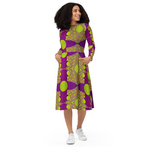 All-over print long sleeve midi dress in eye colors