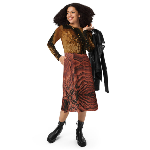 All-over print long sleeve midi dress in eye colors