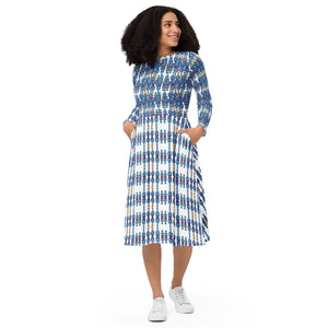 All-over print long sleeve midi dress in eye colors