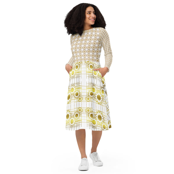 All-over print long sleeve midi dress in eye colors