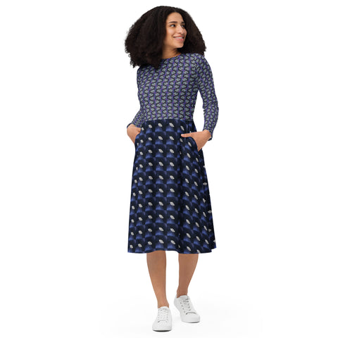 All-over print long sleeve midi dress in Eye Colors