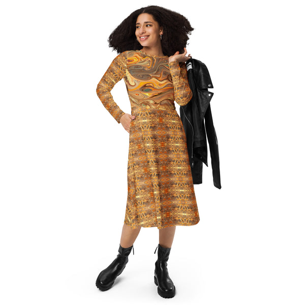 All-over print long sleeve midi dress in Eye Colors