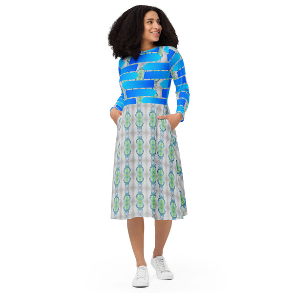 All-over print long sleeve midi dress in eye colors