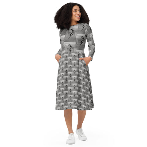 All-over print long sleeve midi dress in eye colors