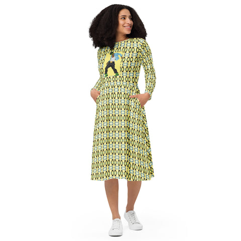 All-over print long sleeve midi dress in eye colors