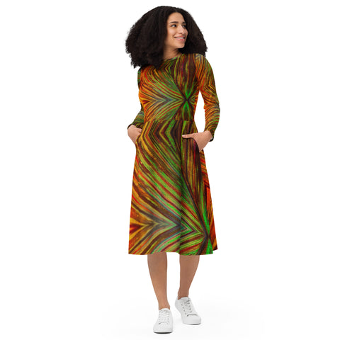 All-over print long sleeve midi dress in eye colors