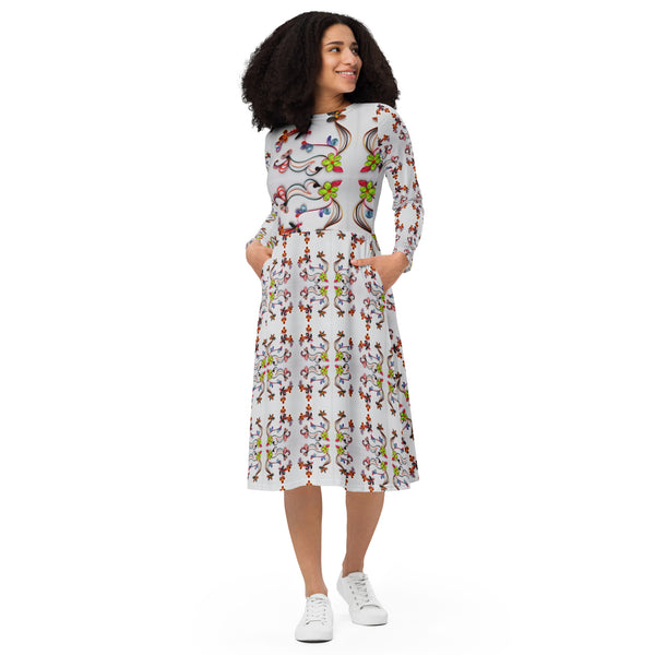 All-over print long sleeve midi dress in eye colors