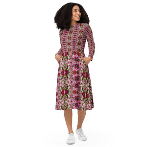 All-over print long sleeve midi dress in eye colors