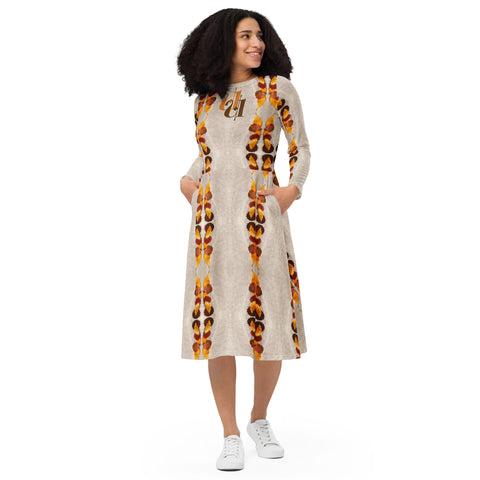 All-over print long sleeve midi dress in eye colors