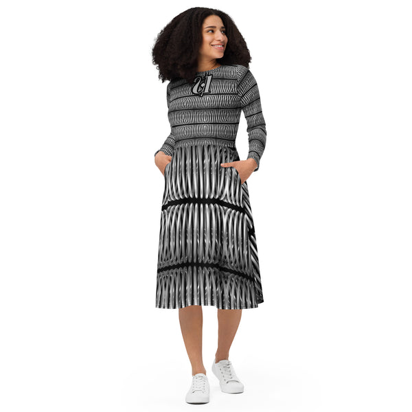 All-over print long sleeve midi dress in eye colors