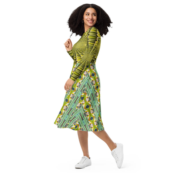 All-over print long sleeve midi dress in eye colors