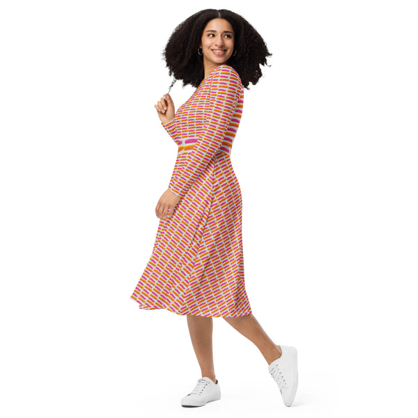 All-over print long sleeve midi dress in eye colors