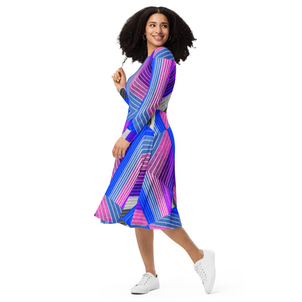 All-over print long sleeve midi dress in eye colors