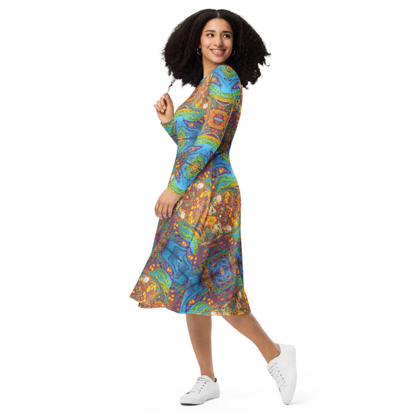 All-over print long sleeve midi dress in eye colors