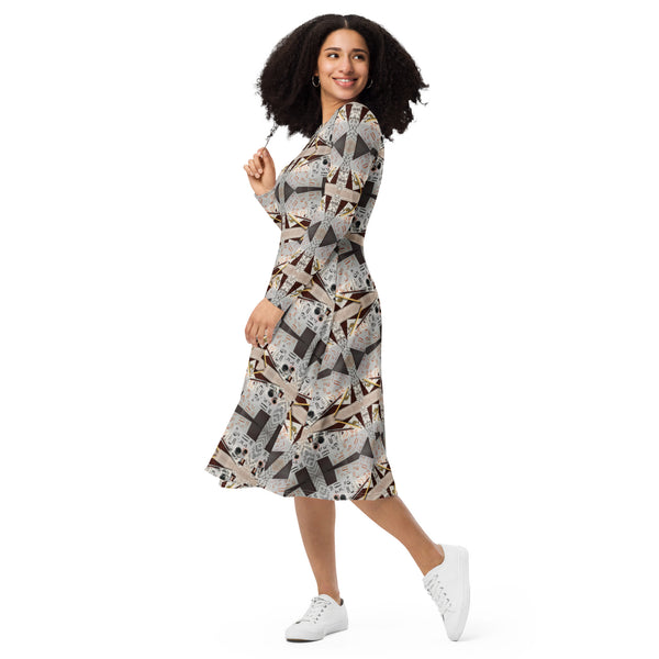 All-over print long sleeve midi dress in eye colors