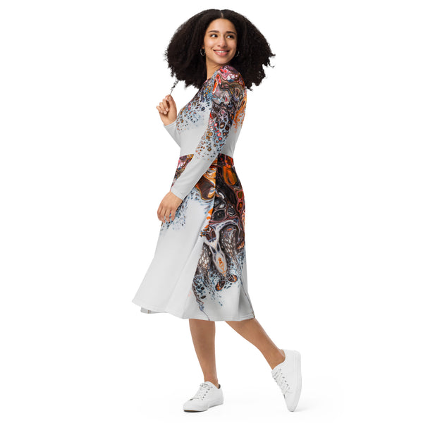 All-over print long sleeve midi dress in eye colors