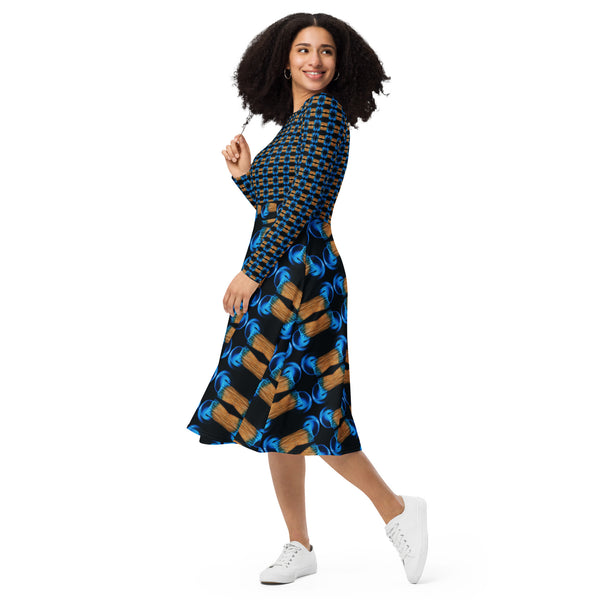 All-over print long sleeve midi dress in Eye Colors