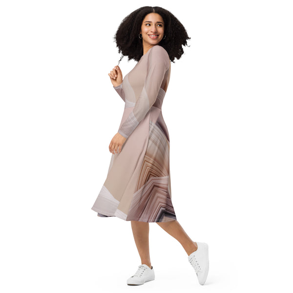 All-over print long sleeve midi dress in eye colors