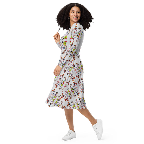 All-over print long sleeve midi dress in eye colors