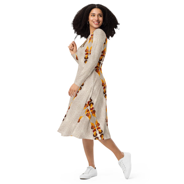 All-over print long sleeve midi dress in eye colors