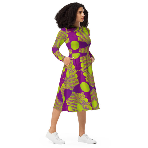 All-over print long sleeve midi dress in eye colors