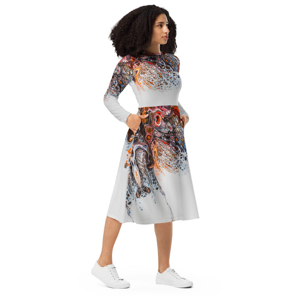 All-over print long sleeve midi dress in eye colors