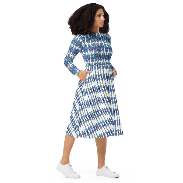 All-over print long sleeve midi dress in eye colors