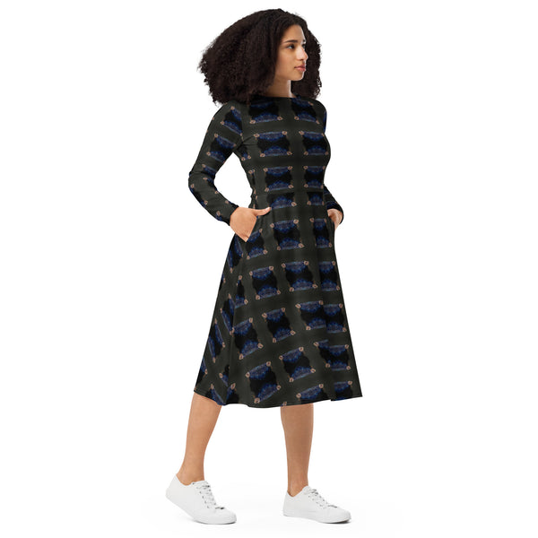 All-over print long sleeve midi dress in eye colors