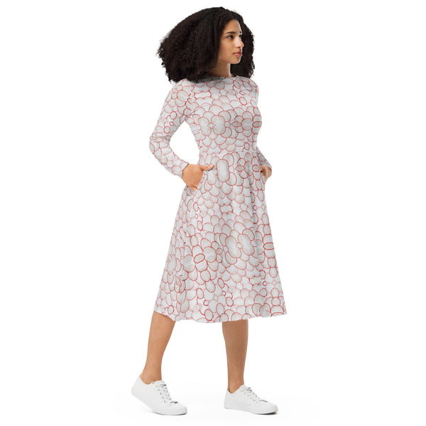 All-over print long sleeve midi dress in eye colors