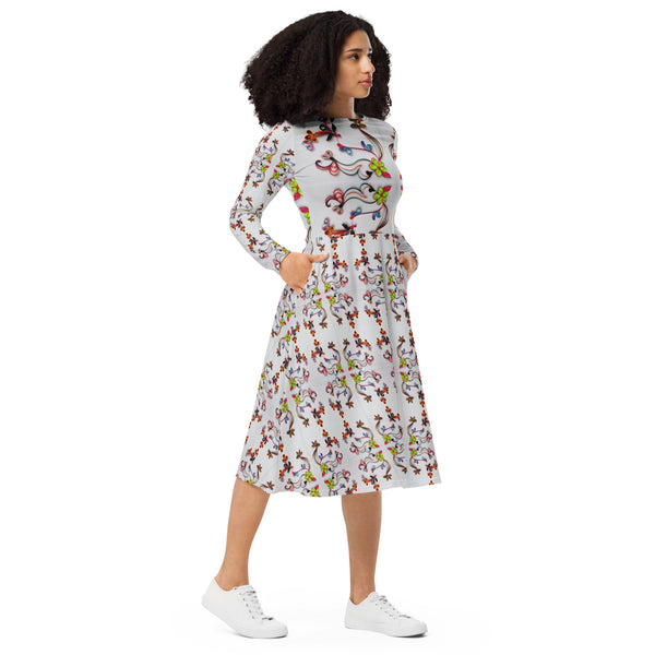 All-over print long sleeve midi dress in eye colors
